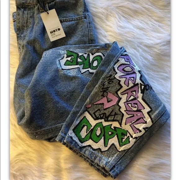Topshop Womens Moto Mom High Waist Graffiti Jeans - Picture 3 of 9